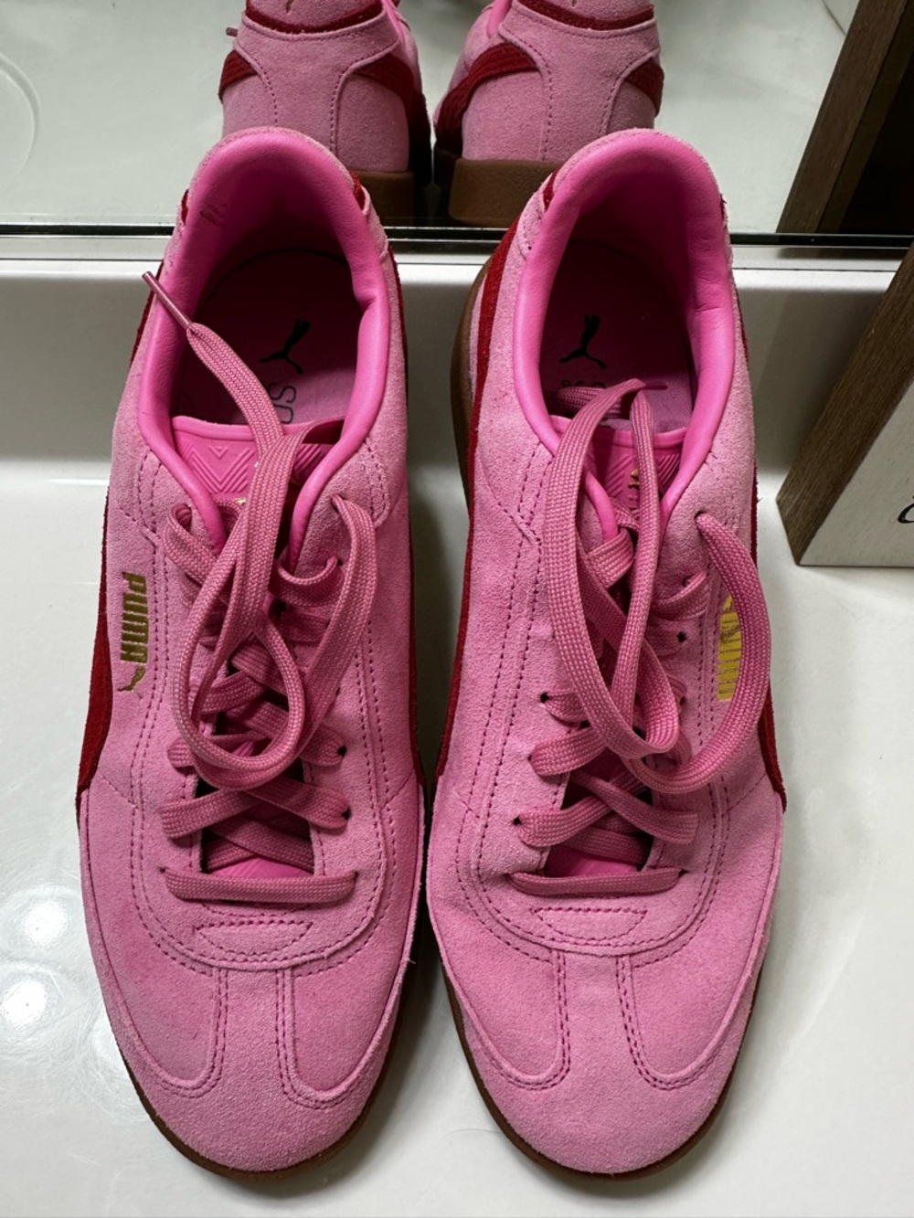 Puma Pink Suede Low-Top Sneakers with Red Accent